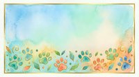 Watercolor paw prints in vibrant colors arranged in rows with green leaves on soft pastel background, suitable for pet-related designs and children's projects.