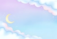 Dreamy pastel sky with golden crescent moon and fluffy clouds in soft pink blue purple gradient background for nursery decor and children designs.