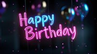 Glowing neon pink and blue Happy Birthday text on dark background with bokeh lights and blurred particles creating festive celebration atmosphere.