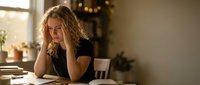 Stressed young blonde woman sitting at desk with head in hands experiencing work burnout and mental fatigue in warm home office environment.