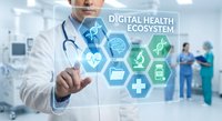 Doctor touching digital health ecosystem interface with medical icons in modern hospital setting showcasing telemedicine and healthcare technology innovation.