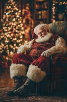Elderly man in traditional red holiday costume napping in armchair with decorated tree and bokeh lights creating cozy festive atmosphere.
