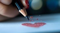 Graphite pencil tip breaking into tiny red crystal fragments scattered on white surface, creating artistic macro photography composition with bokeh background effect.