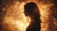 Female silhouette profile against magical glowing golden bokeh background with floating light particles, creating dreamy atmospheric mood for fantasy designs.