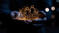 Glowing family silhouette held in caring hands against dark background, symbolizing protection, unity and family care. Magical light effect creates warm atmosphere.