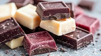 Assorted chocolate squares in dark, white, and ruby varieties stacked together on textured surface, showcasing gourmet confectionery with rich colors and textures.