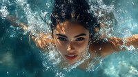 Young Asian woman swimming underwater with expressive face and flowing dark hair, surrounded by dynamic water bubbles and splashes in turquoise pool.
