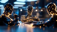 Glowing wire light sculpture of human figure with crossed arms against dark background, surrounded by bokeh lights and reflective surface.