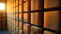 Geometric wooden blocks arranged in rows creating depth and perspective with warm sunlight casting shadows, architectural detail for interior design background.