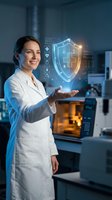 Female doctor presenting holographic cybersecurity shield with medical icons in modern laboratory setting for healthcare data protection concepts.