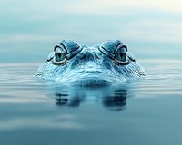 Close up view of alligator eyes emerging from calm blue water surface, creating mysterious and dramatic wildlife scene with reflection and soft focus background.