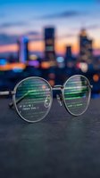 Eyeglasses with programming code reflection against blurred city skyline at dusk showcasing software development and technology focus in urban environment.
