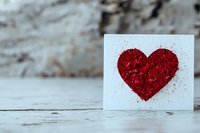 White wooden block with red textured heart symbol on rustic weathered wood background for romantic Valentine's Day greeting cards and love concepts.