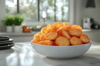Bowl of crispy golden potato tots in white ceramic dish on kitchen counter with natural light from window, perfect for food blog.