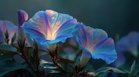 Luminous blue morning glory flowers with pink and yellow highlights glowing against dark background, creating ethereal garden atmosphere.