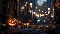 Glowing jack-o'-lantern pumpkins on dark autumn street with string lights creating spooky Halloween atmosphere among fallen leaves.