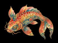 Ornate koi fish with colorful floral patterns and gold details, isolated on transparent background. Ready for t-shirt design, stickers, sublimation, and print on demand.