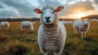 Curious sheep looking directly at camera during golden sunset, flock grazing in background on autumn meadow. Dramatic sky and warm evening light create pastoral mood.