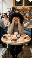 Stressed African American woman with hands on head sitting at cafe table full of donuts and pastries representing diet temptation and unhealthy food choices.