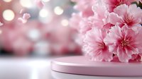 Pink cherry blossom flowers on pastel podium with soft bokeh lights background for spring product display and romantic feminine branding concepts.