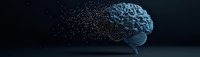 Digital brain dissolving into particles against dark background, representing artificial intelligence, memory loss, or neurological transformation. Panoramic format.