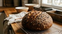 Freshly baked artisan seeded bread loaf cooling on wire rack in rustic kitchen setting with natural sunlight streaming through window.