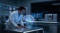 Male scientist examining holographic brain model in futuristic medical laboratory with advanced technology displays for neuroscience research and analysis.