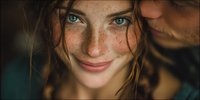 Young woman with freckles and blue eyes smiling warmly while touching her hair in natural lighting for beauty and lifestyle concepts.
