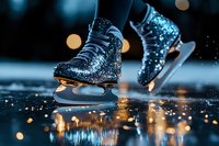 Sparkling figure skates with glitter detail captured in motion on ice with bokeh lights reflecting on wet surface, creating magical winter sports atmosphere.