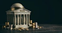 Classical bank building with columns surrounded by golden coins representing financial institution wealth and monetary services.