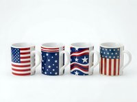Ceramic mugs with patriotic star and stripe patterns in red, white, and blue, isolated on white background, suitable for drinkware product design, merchandise, and promotional use.
