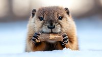 Adorable otter holding wooden stick in snowy winter environment, displaying playful behavior and cute expression in natural wildlife setting.