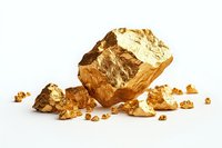 Raw gold nugget and smaller gold fragments isolated on white background, showcasing natural mineral texture and metallic luster for jewelry or investment concepts.