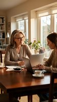 Mature Caucasian businesswoman with glasses mentoring young female colleague at home office table with laptop and documents in warm natural light.
