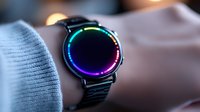 Modern smartwatch with glowing rainbow LED display on black metal bracelet showing vibrant neon colors against blurred background, close-up view for tech advertising.