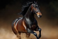 Powerful bay stallion galloping through dusty arena with flowing mane and muscular build showcasing equestrian strength and grace in motion.