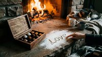 Cozy fireplace scene with chocolate box, word Love written in powder sugar, hot drinks and a cat resting nearby, romantic Valentine mood.