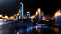 Futuristic glowing skyscrapers reflected in water at night with bokeh effect and blurred city lights creating atmospheric urban landscape. Modern architecture concept.