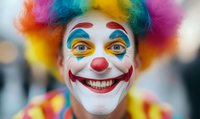 Close up portrait of smiling clown with colorful rainbow wig, traditional white face paint, red nose and vibrant eye makeup showing joyful theatrical expression.