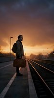 Young Caucasian man with backpack and vintage suitcase standing alone on train platform at dramatic sunset, awaiting departure.