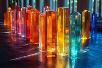 Colorful glass prisms arranged in rainbow sequence on reflective surface with dramatic lighting creating vibrant spectrum of orange, yellow, blue and green hues.