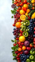 Fresh colorful fruits and berries border frame on light gray background. Healthy eating concept with citrus, strawberry, grape, apple, kiwi, blueberry.
