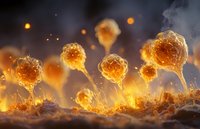 Glowing golden fungi illuminated at night with smoke and sparks, creating a magical forest floor atmosphere in macro photography.