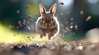 Playful brown bunny rabbit jumping and kicking up dirt particles in sunlit garden setting with natural bokeh background, creating magical atmosphere.