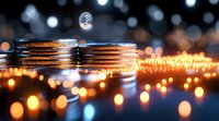 Stacks of silver coins with falling coin against blurred golden bokeh lights background, financial concept for wealth, savings and investment growth.