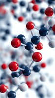 Molecular structure with red oxygen and blue carbon atoms connected by silver bonds on blurred background, scientific concept for chemistry and biochemistry research.