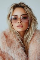 Young blonde woman wearing round glasses and pink faux fur coat, with natural makeup and glossy lips, looking directly at camera against light background.