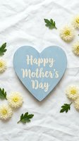 Happy Mothers Day blue wooden heart sign surrounded by white chrysanthemums on linen, flat lay greeting card concept.