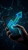 Hand holding smartphone displaying glowing neon growth chart with upward arrow and network connections, representing financial success, digital investment, and business analytics for mobile apps and fintech platforms.
