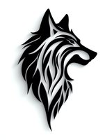 Stylized black and white wolf head with tribal pattern design on isolated background, suitable for logo, tattoo art and merchandise printing.